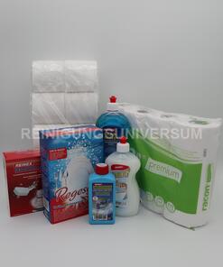 Monatsset – 1x WC-Papier, 1x Küchenrolle, 1x Geschirrtabs, 1x Klarspüler, 1x Spezialsalz, 1x Maschinepflege, 1x Spülfix Sensitve