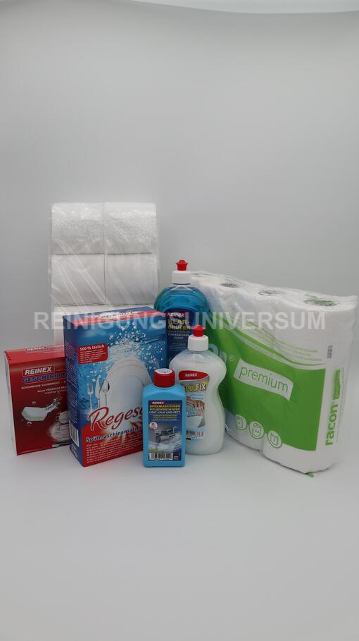 Monatsset – 1x WC-Papier, 1x Küchenrolle, 1x Geschirrtabs, 1x Klarspüler, 1x Spezialsalz, 1x Maschinepflege, 1x Spülfix Sensitve