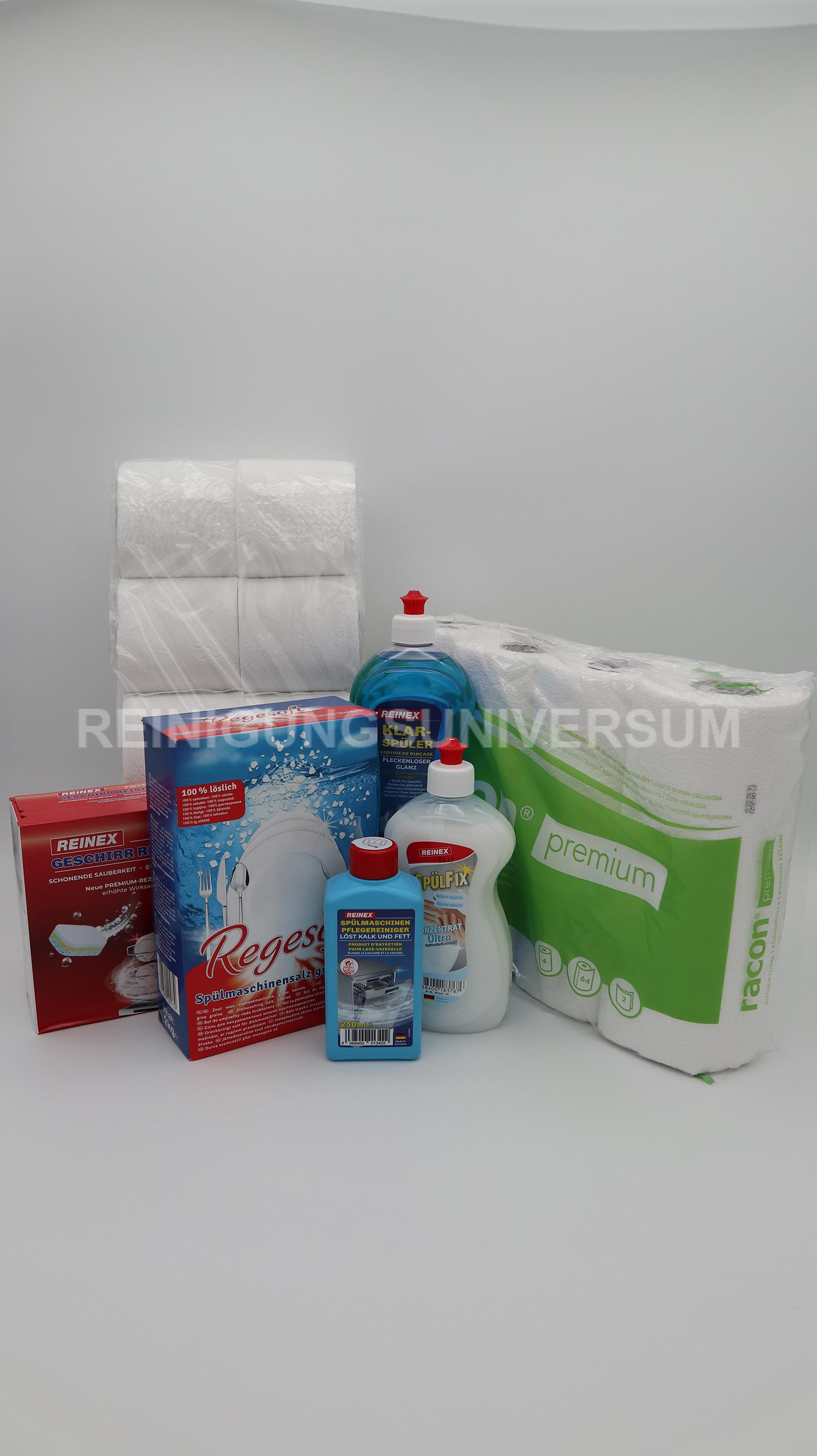 Monatsset – 1x WC-Papier, 1x Küchenrolle, 1x Geschirrtabs, 1x Klarspüler, 1x Spezialsalz, 1x Maschinepflege, 1x Spülfix Sensitve